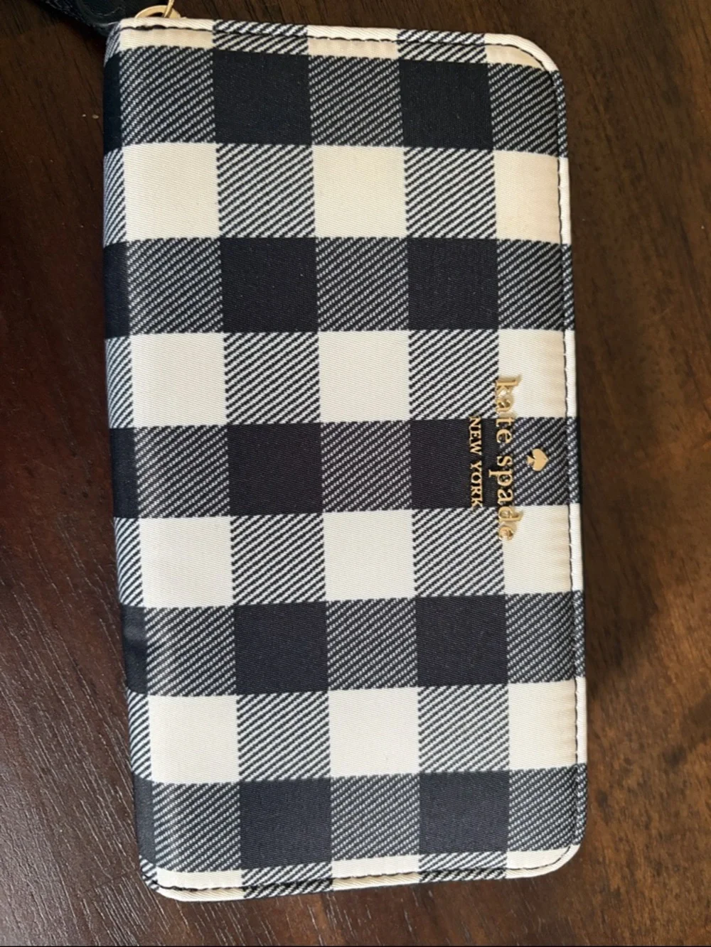 kate spade Black and White Buffalo Check Zip Wallet